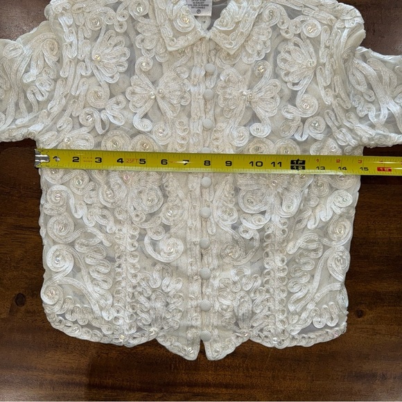 The White House Sheer Ribbon Embroidered Beaded Long Sleeve Ivory Shirt Petite P - Picture 10 of 11